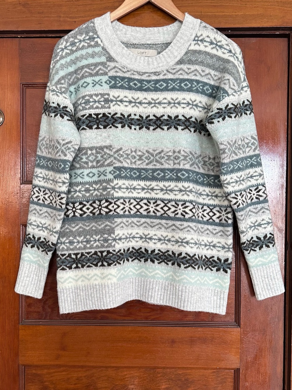 New LOFT Patchwork Fair Isle Snowflake Knit Pullover Crewneck Sweater Small Cozy